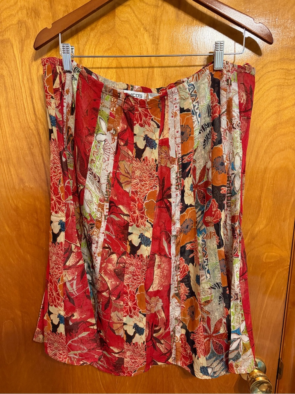 Chico's Red Multicolor Patchwork A-Line Skirt